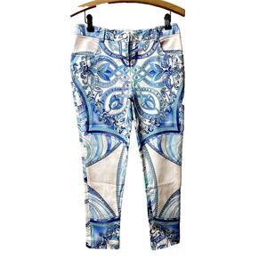 Per Se Womens Paisley-Print Cropped Jeans Blue White Cotton Stretch Pants SZ 2